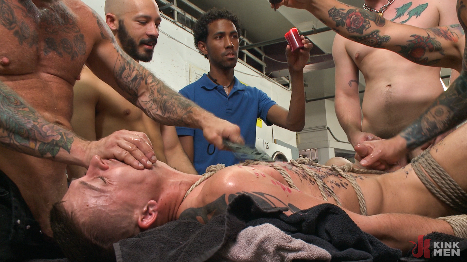 Photo number 11 from Tyler Rush: Edged, Tormented and Gang Fucked in a Dirty Laundromat shot for KinkMen Classics on Kink.com. Featuring Tyler Rush, Rocco Steele and Ruckus in hardcore BDSM & Fetish porn.