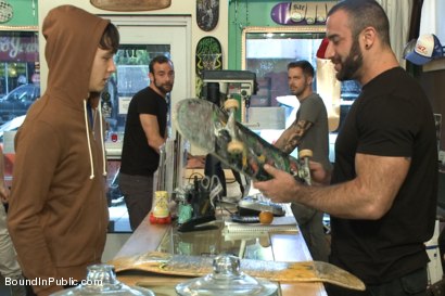Photo number 0 from Horny crowd jumps on a ripped stud in a skate shop shot for Bound in Public on Kink.com. Featuring Rob Yaeger, Kevin Case and Spencer Reed in hardcore BDSM & Fetish porn.