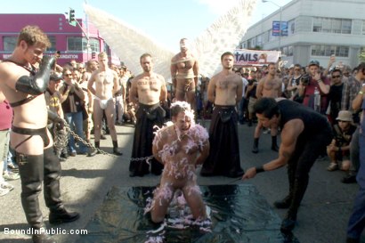 Photo number 4 from Folsom Street Whore tormented in front of thousands of people shot for Bound in Public on Kink.com. Featuring Connor Maguire, Cameron Kincade and Jessie Colter in hardcore BDSM & Fetish porn.
