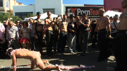 Photo number 5 from Folsom Street Whore tormented in front of thousands of people shot for Bound in Public on Kink.com. Featuring Connor Maguire, Cameron Kincade and Jessie Colter in hardcore BDSM & Fetish porn.