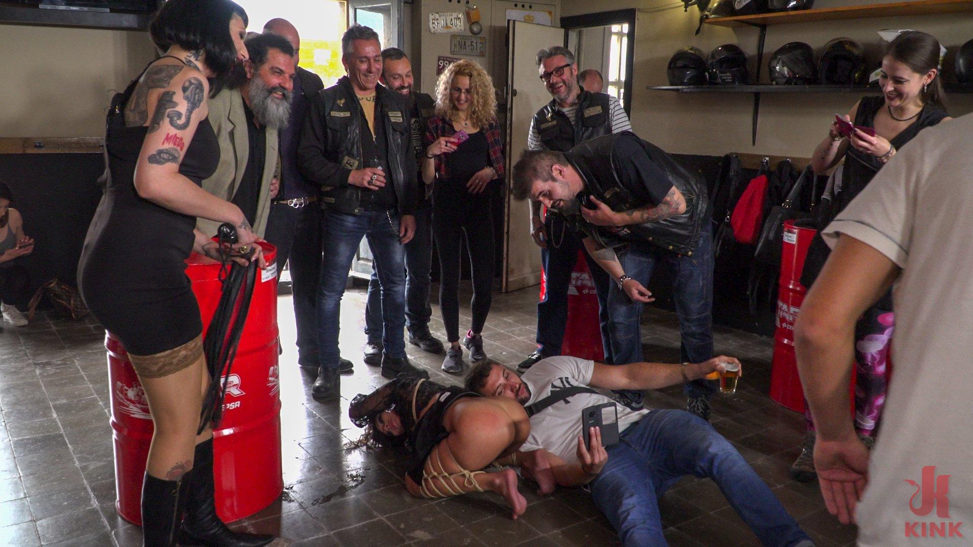 Photo number 12 from Fugitive Biker Bar Gets Serviced! - Part 2 shot for Public Disgrace on Kink.com. Featuring Steve Holmes, Oliver Pina, Melody Petite and Mistress Minerva in hardcore BDSM & Fetish porn.